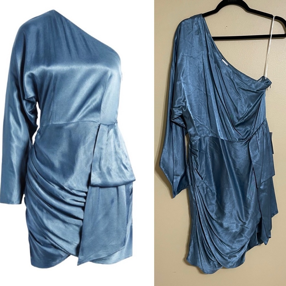 Revolve Elliatt Saronic One Shoulder‎ Mini Dress Blue Satin Size XL NWT